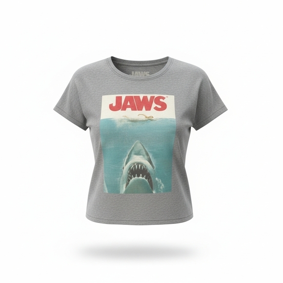Jaws Graphic Gray T-Shirt Crop Top - Picture 1 of 2